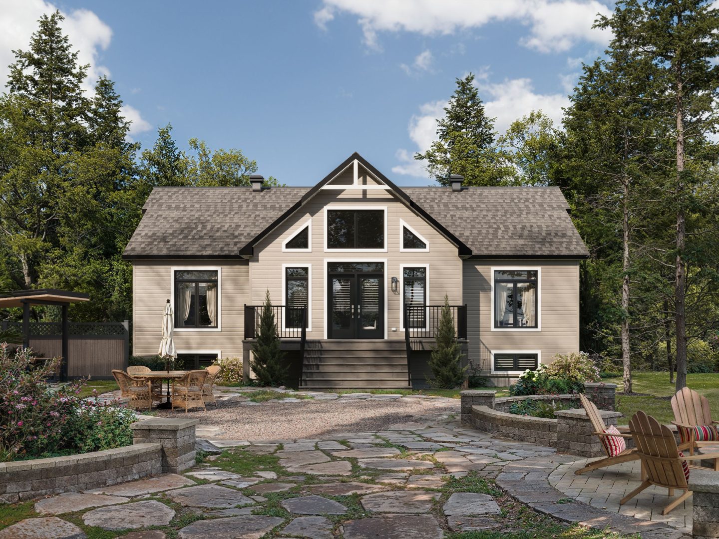 Le modèle Aigle Royal est un chalet de style classique. Vue de l'extérieur arrière.