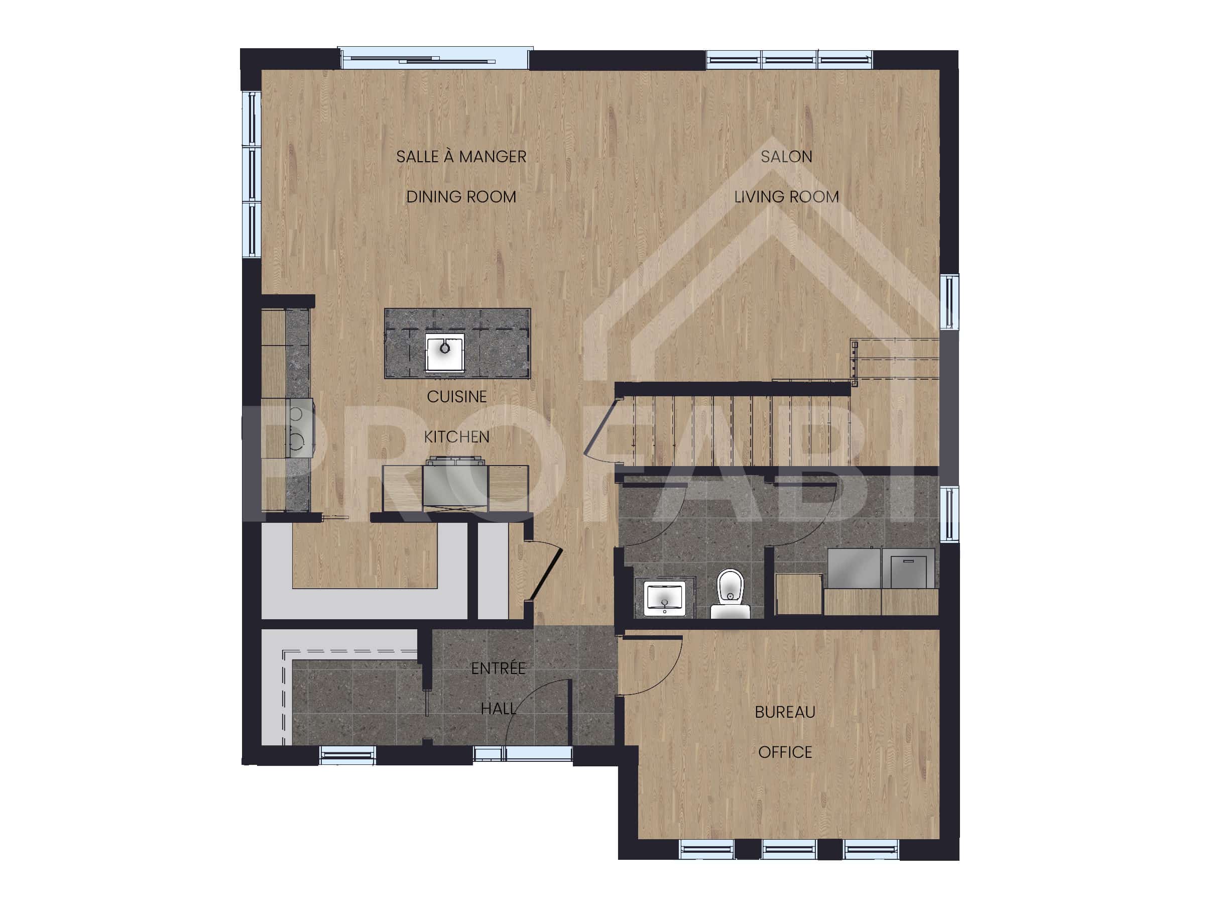 Modèle Edena, une maison 2 étages de style Farmhouse. Vu du plan 2D