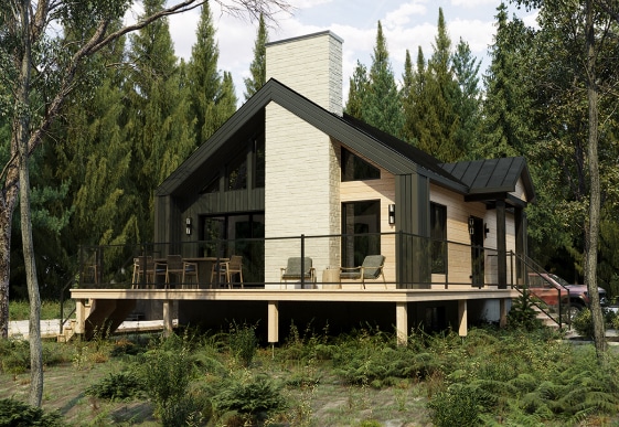 Noa model prefabricated chalet. Scandinavian style house chalet. Exterior view.