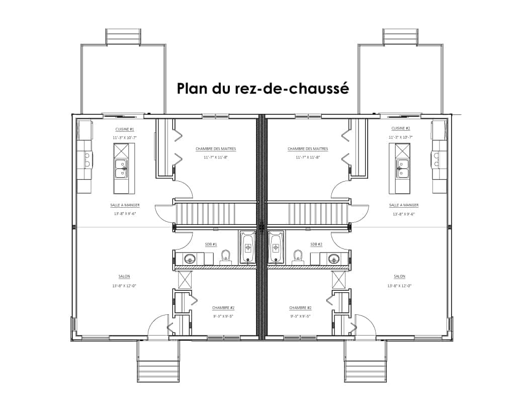 Jumelé / bi-génération préfabriquée plain-pied du modèle Magistral de style contemporain. Plan du rez-de-chaussé.