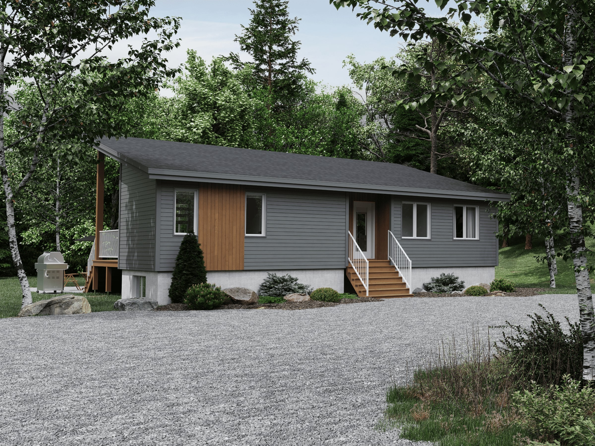 Modèle Alizé, un chalet de style moderne. Vu de la devanture extérieur arrière.