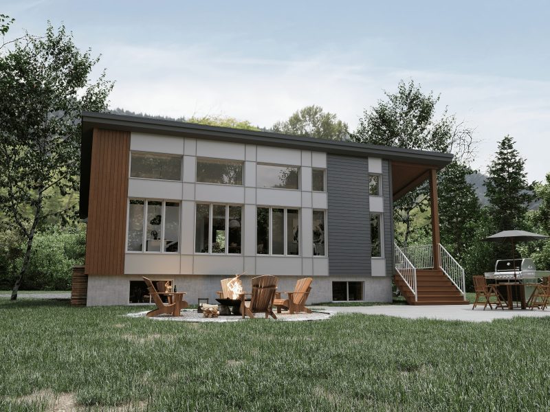 Modèle Alizé, un chalet de style moderne. Vu de la devanture extérieur arrière