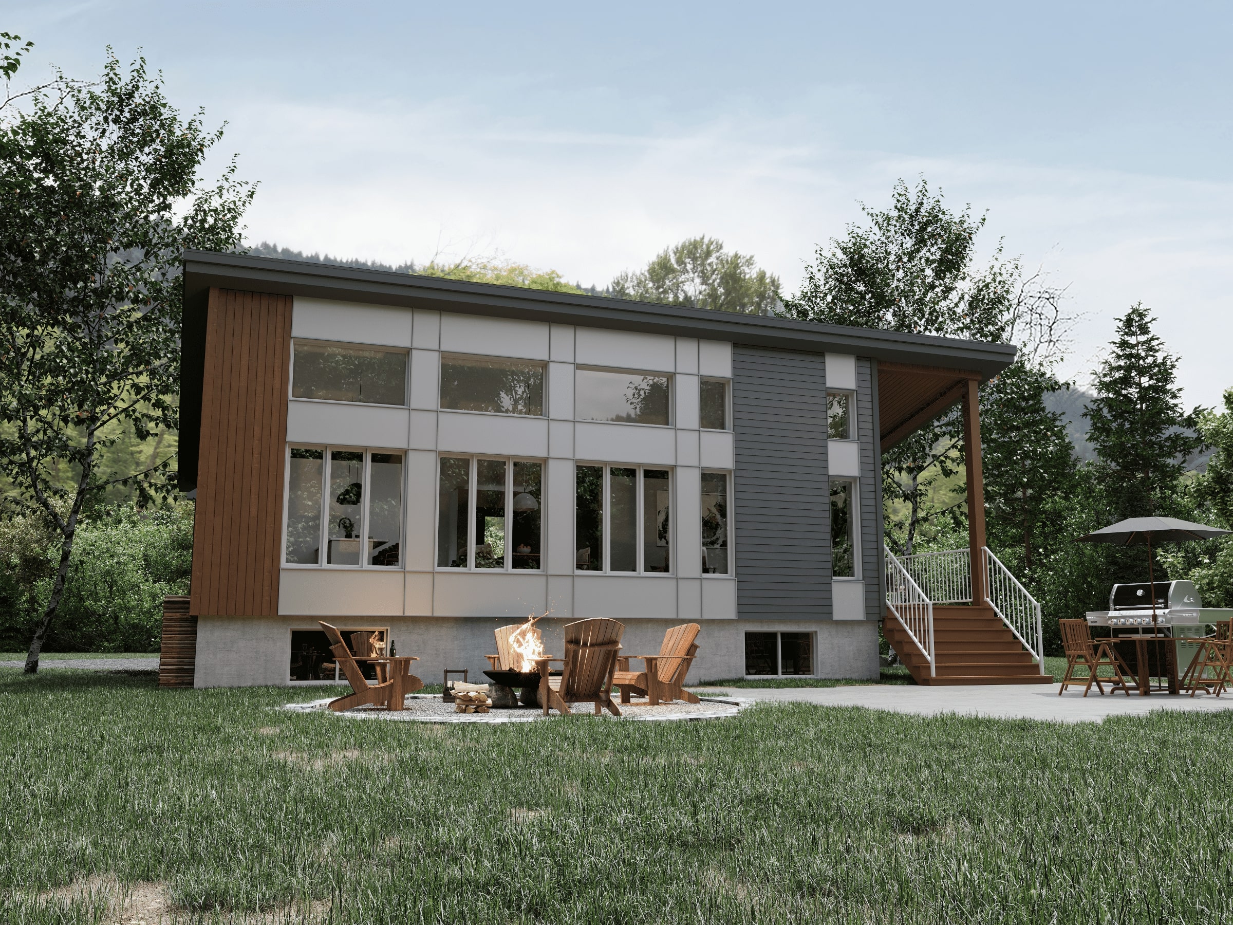 Modèle Alizé, un chalet de style moderne. Vu de la devanture extérieur arrière