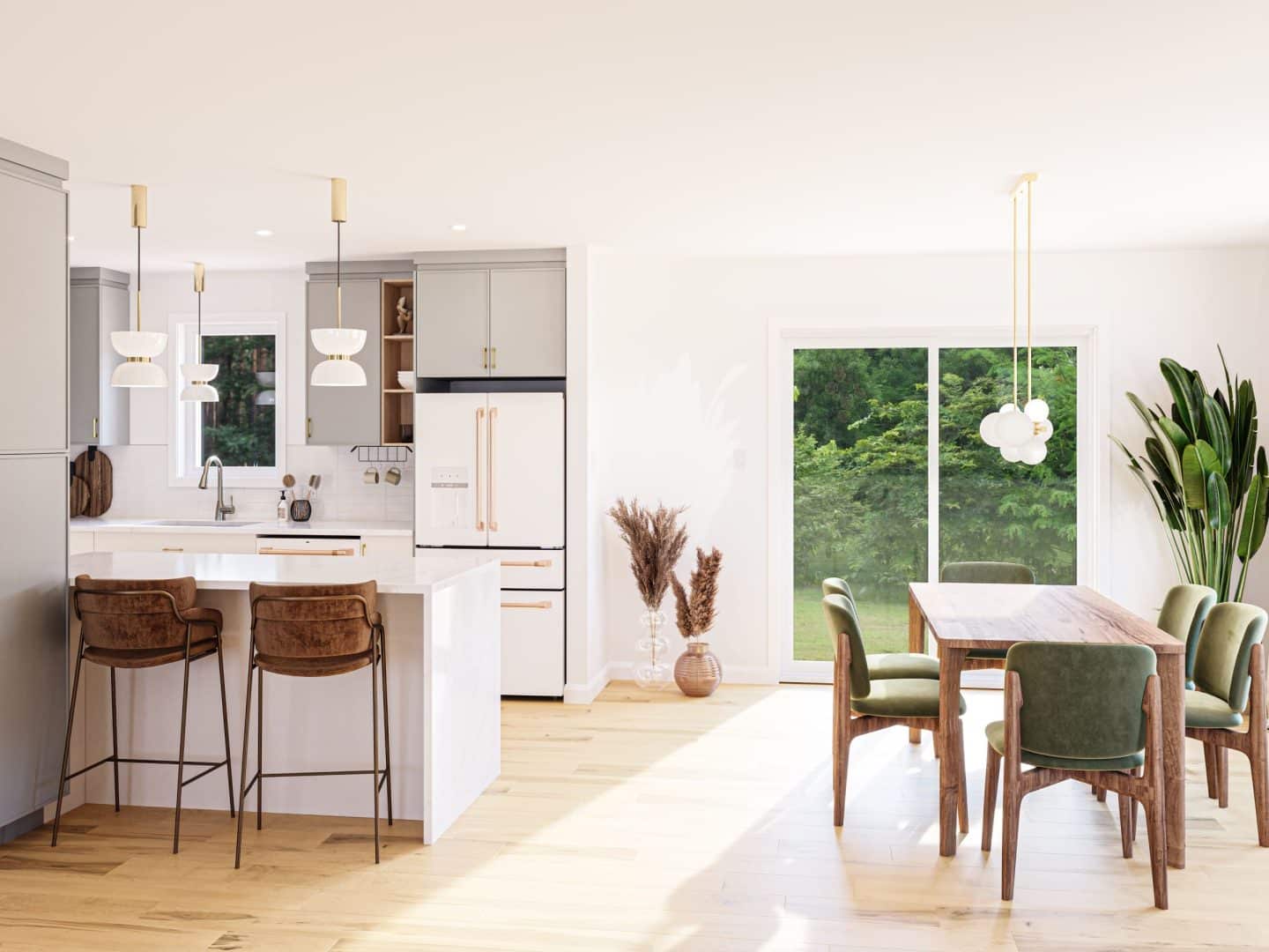 Modèle de jumelé nommé Strass, des maisons qui peu être bi générationnel de style contemporain. Vue de la cuisine du coté droit.