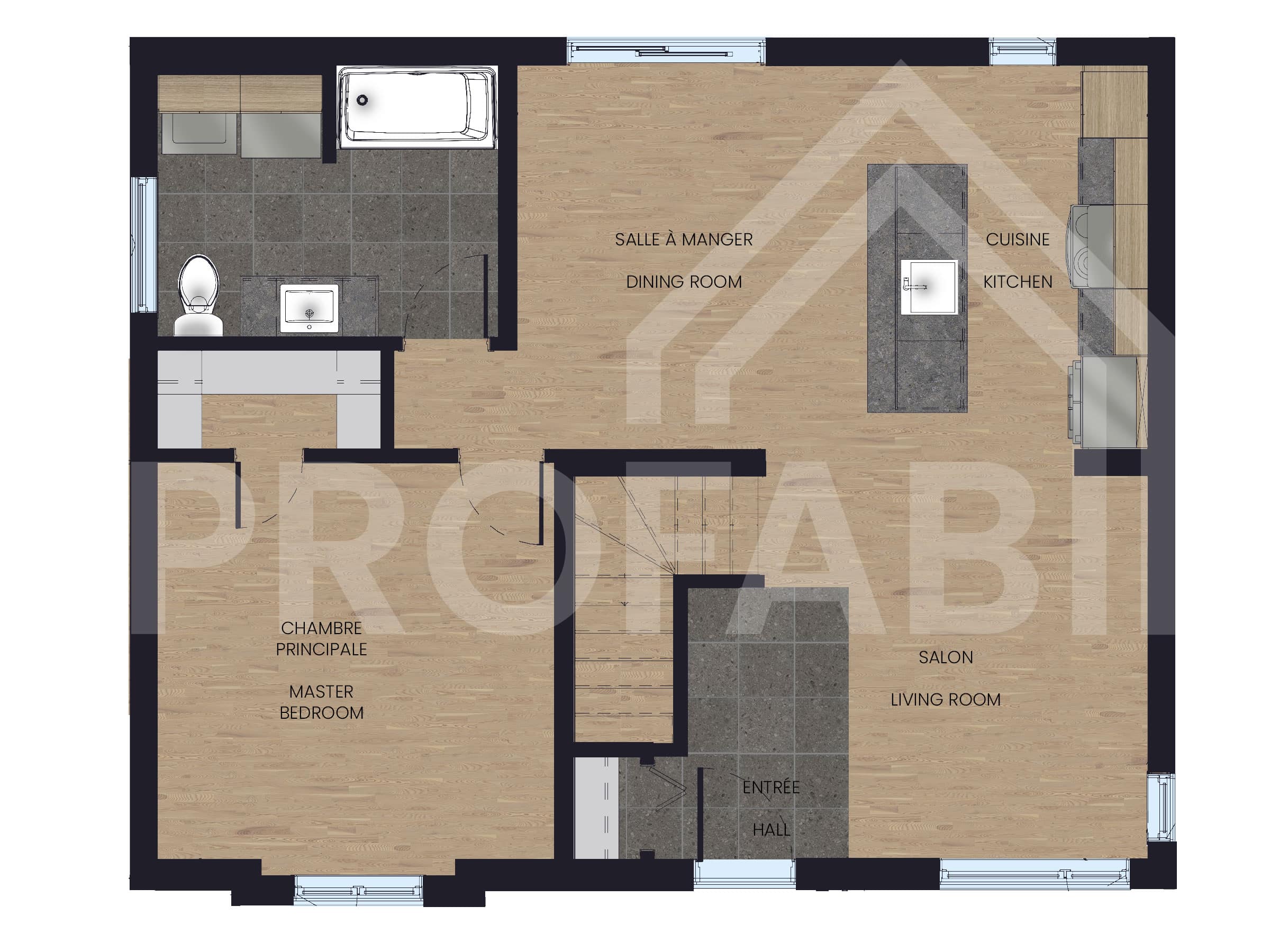 Modèle Primera, une maison de plain-pied de style contemporain. Vue du plan 2D
