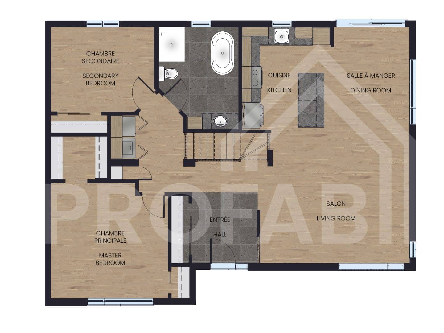 Modèle Tryka, une maison de plain-pied de style contemporain. Vue du plan 2D