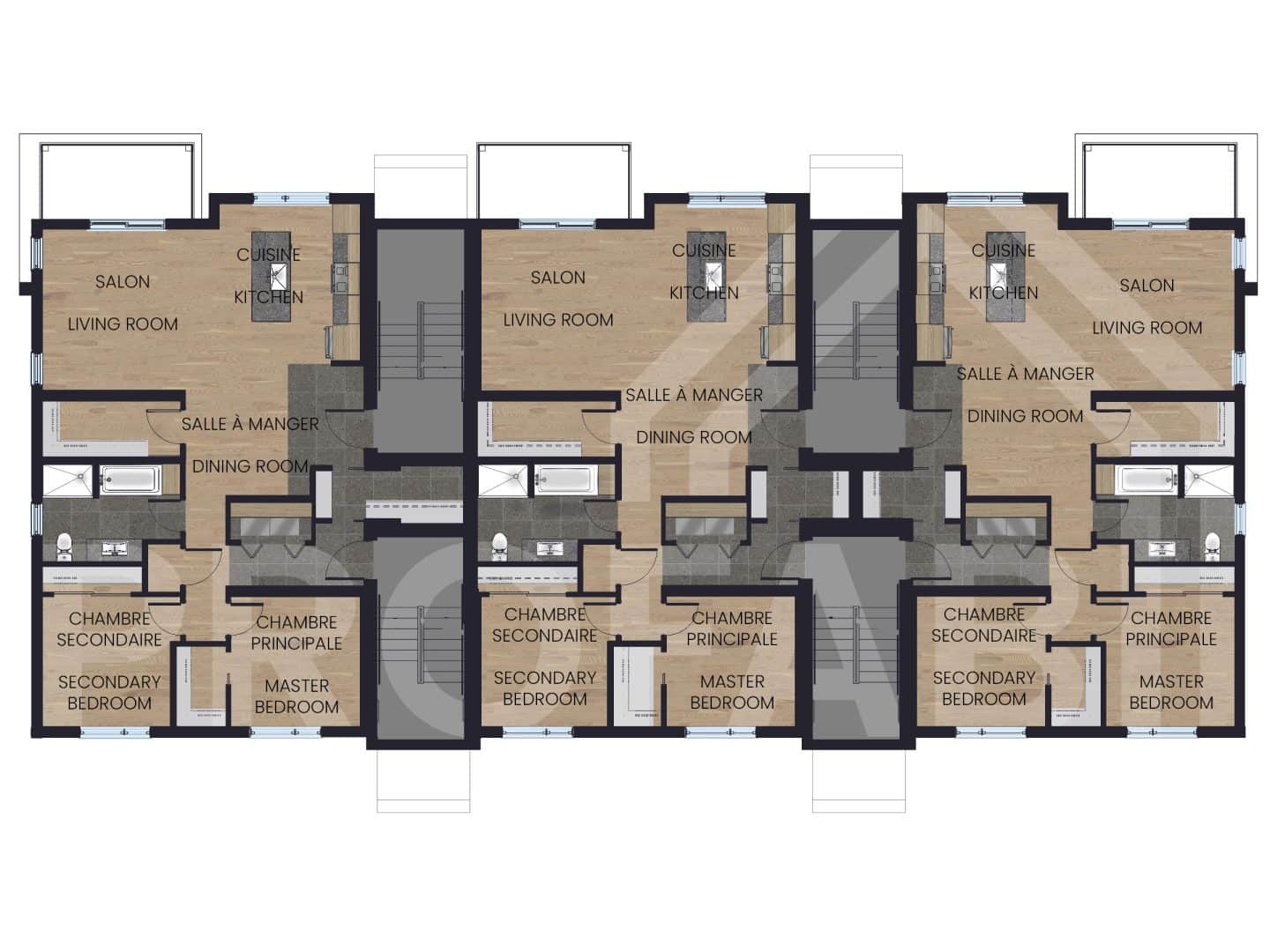 Modèle de multilogement nommé Vinkel-12, des logements qui ont un style contemporain. Vue du plan 2D du deuxième étages.