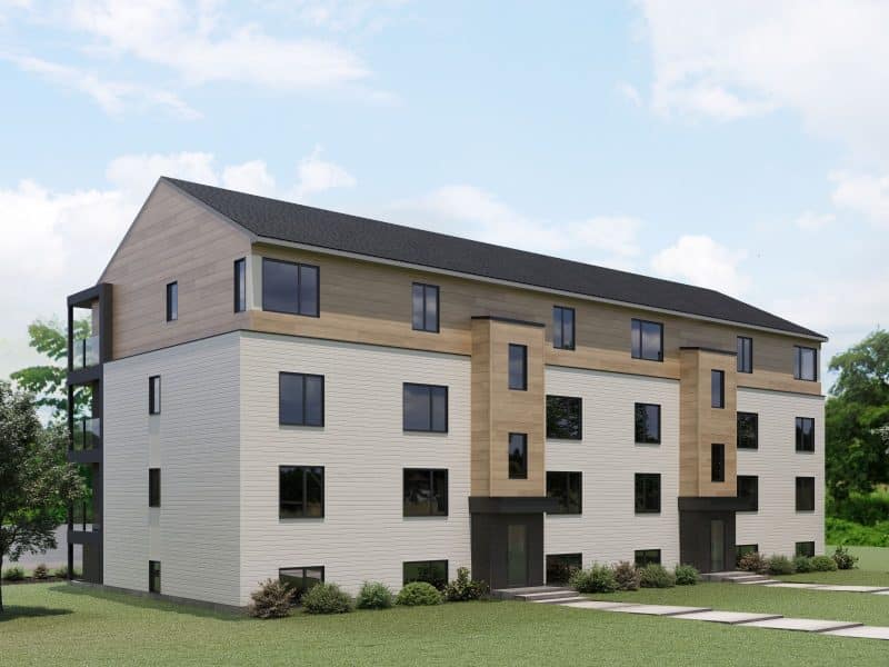 Modèle de multilogement nommé Vinkel-12, des logements qui ont un style contemporain. Vue de l'extérieur arrière,