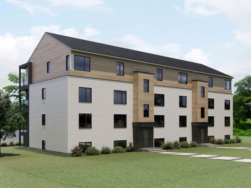 Modèle de multilogement nommé Vinkel-12, des logements qui ont un style contemporain. Vue de l'extérieur arrière.