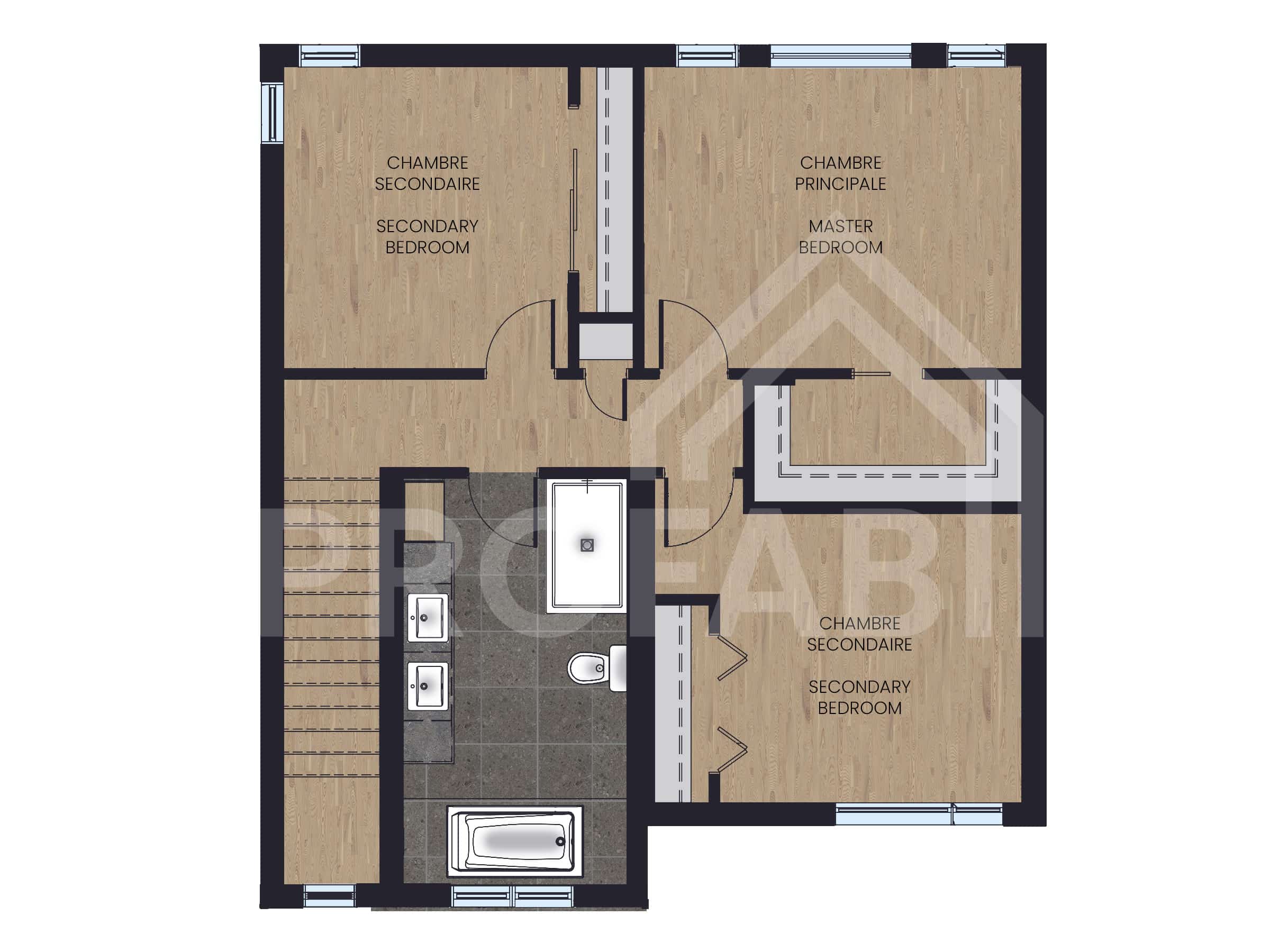 Modèle Arabica, une maison de deux étages de style moderne. Vue du plan 2D.