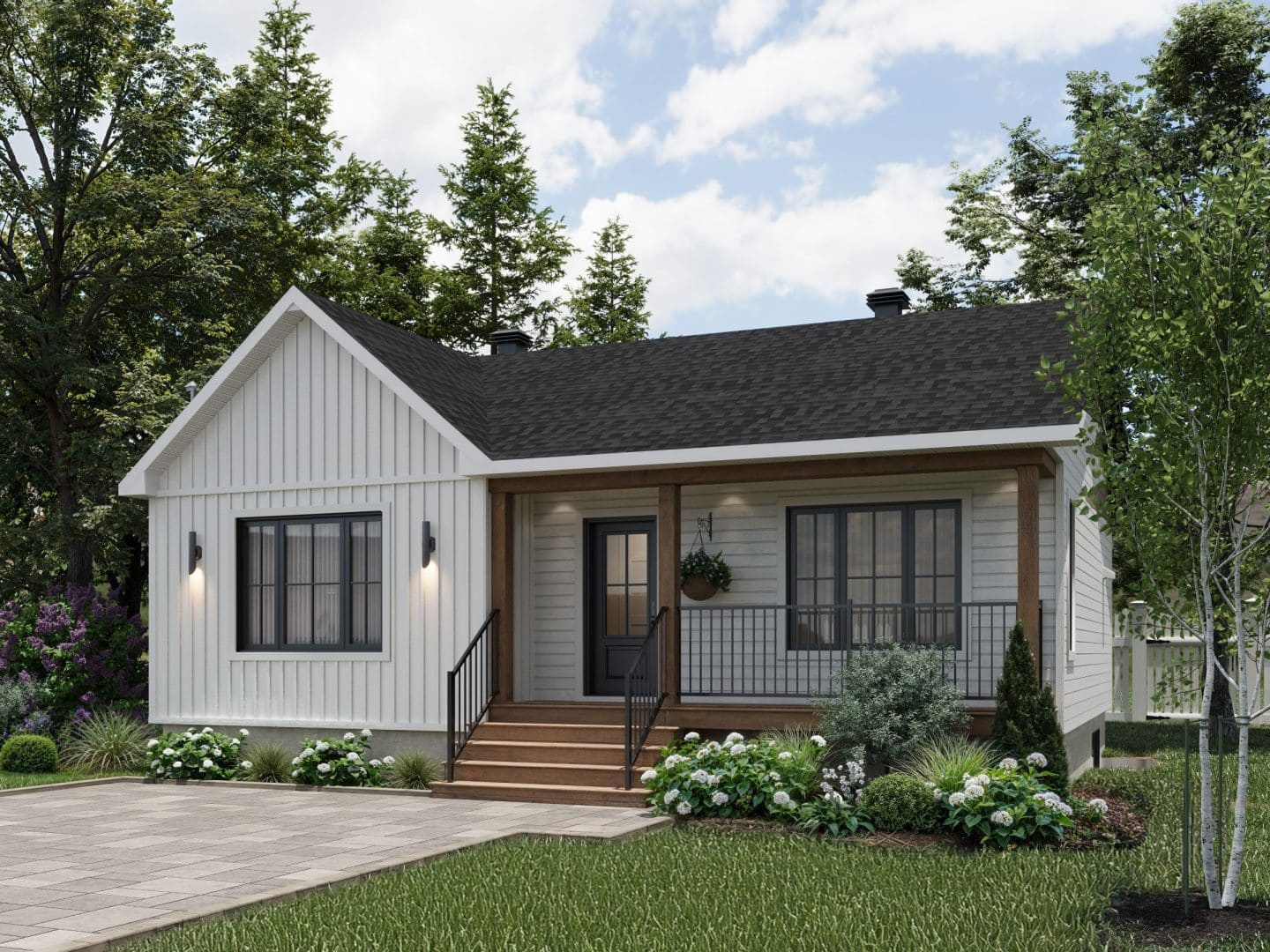 The Courtoise model is a bungalow in the Classic Farmhouse style. View from the outside.