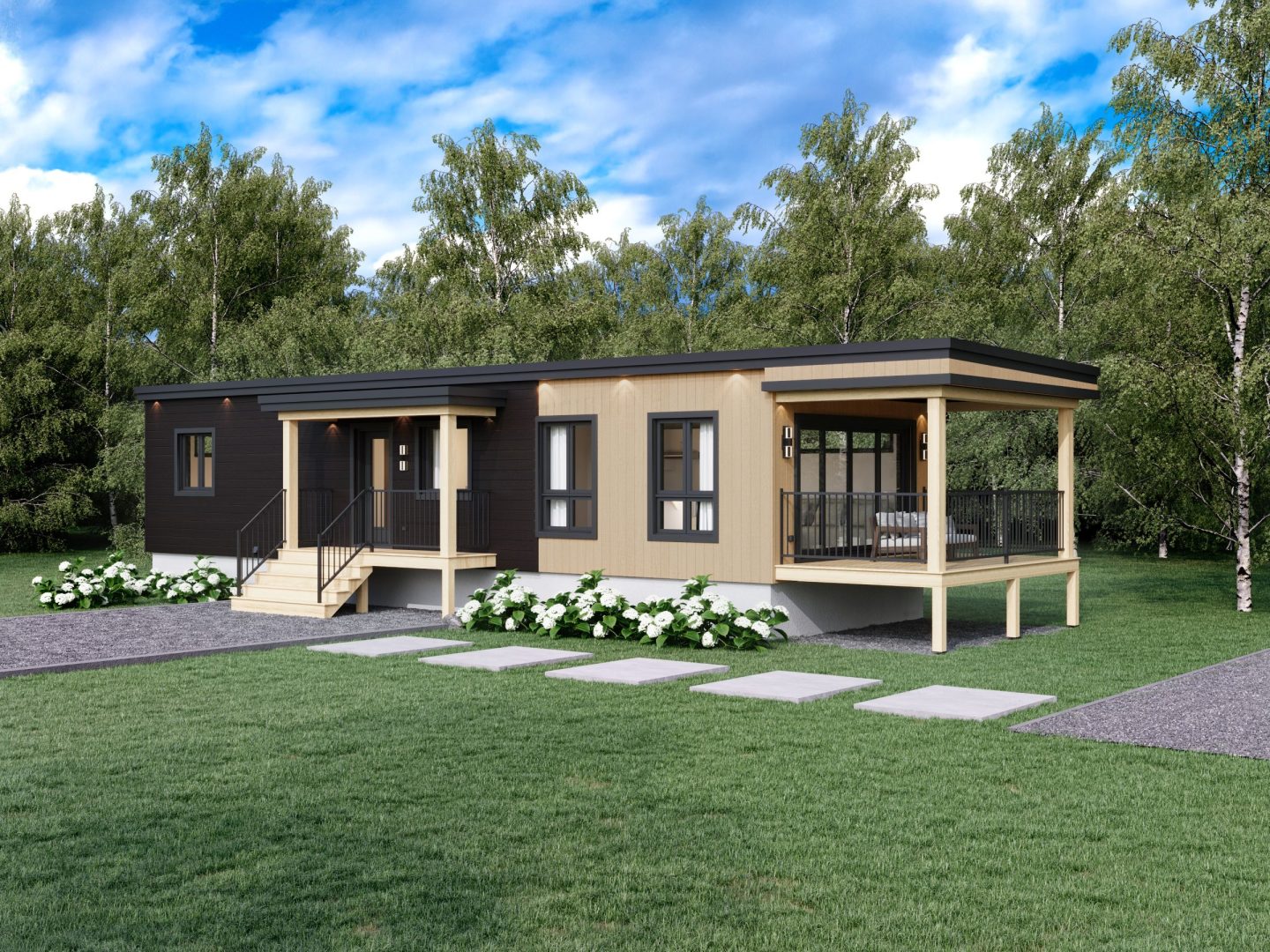 Le modèle Cedra est un plain-pied micro habitation de style contemporain. Vue de l'extérieur avant.