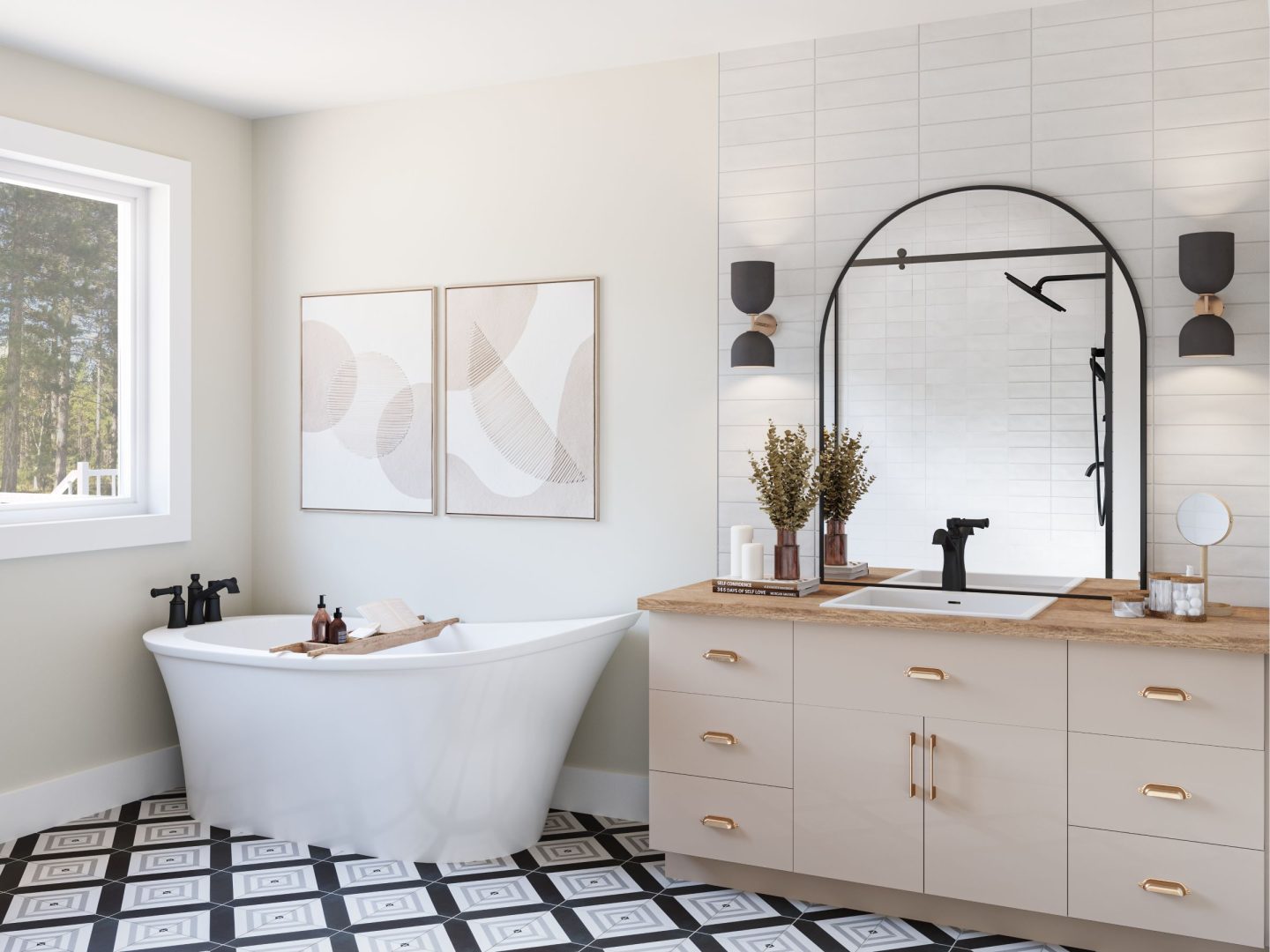 Le modèle Campagnarde est un plain-pied de style champêtre. Vue de la salle de bain.
