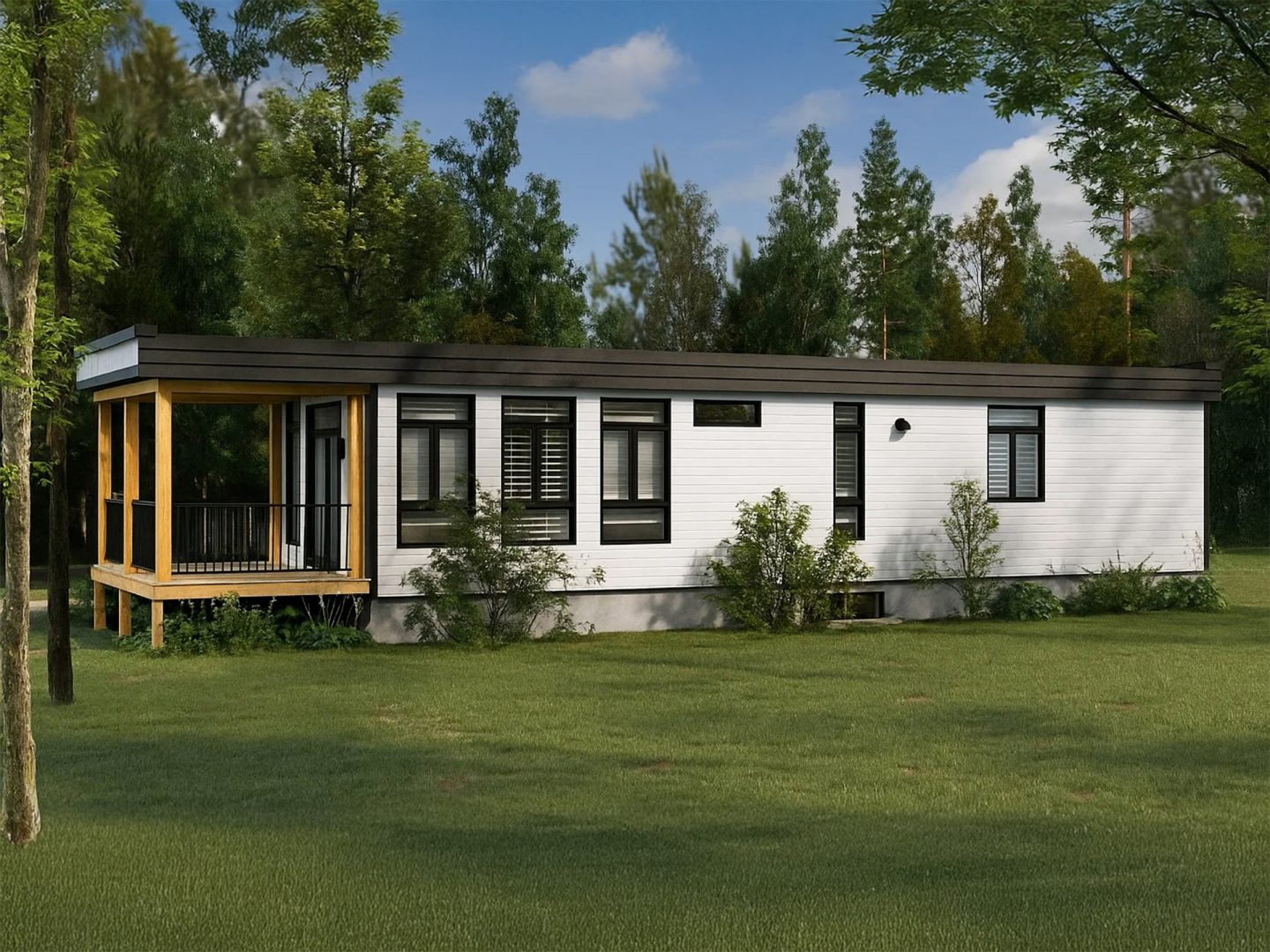Le modèle Hevea est un plain-pied micro habitation de style contemporain. Vue de l'extérieur arrière.