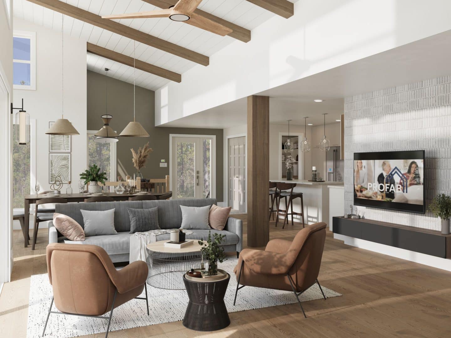 Le modèle Panorama 2.0 est un chalet de style moderne. Vue du salon.