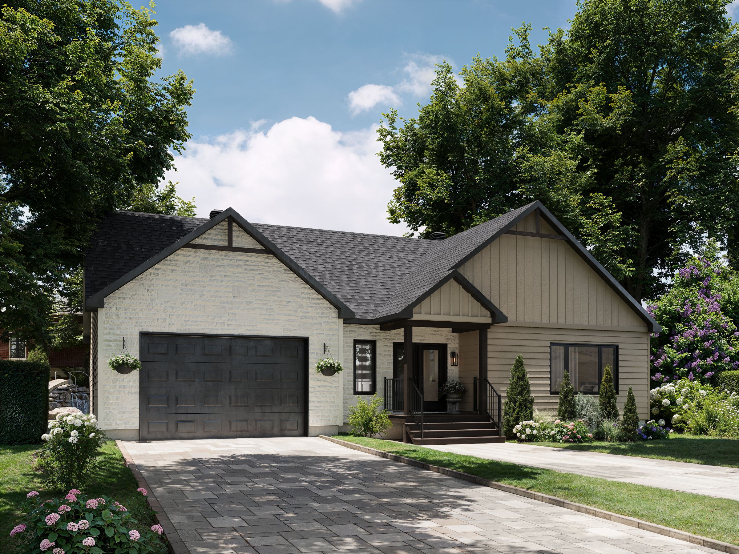 Le nouveau modèle Kallos est un plain-pied de style contemporain et farmhouse. Vue de l'extérieur.
