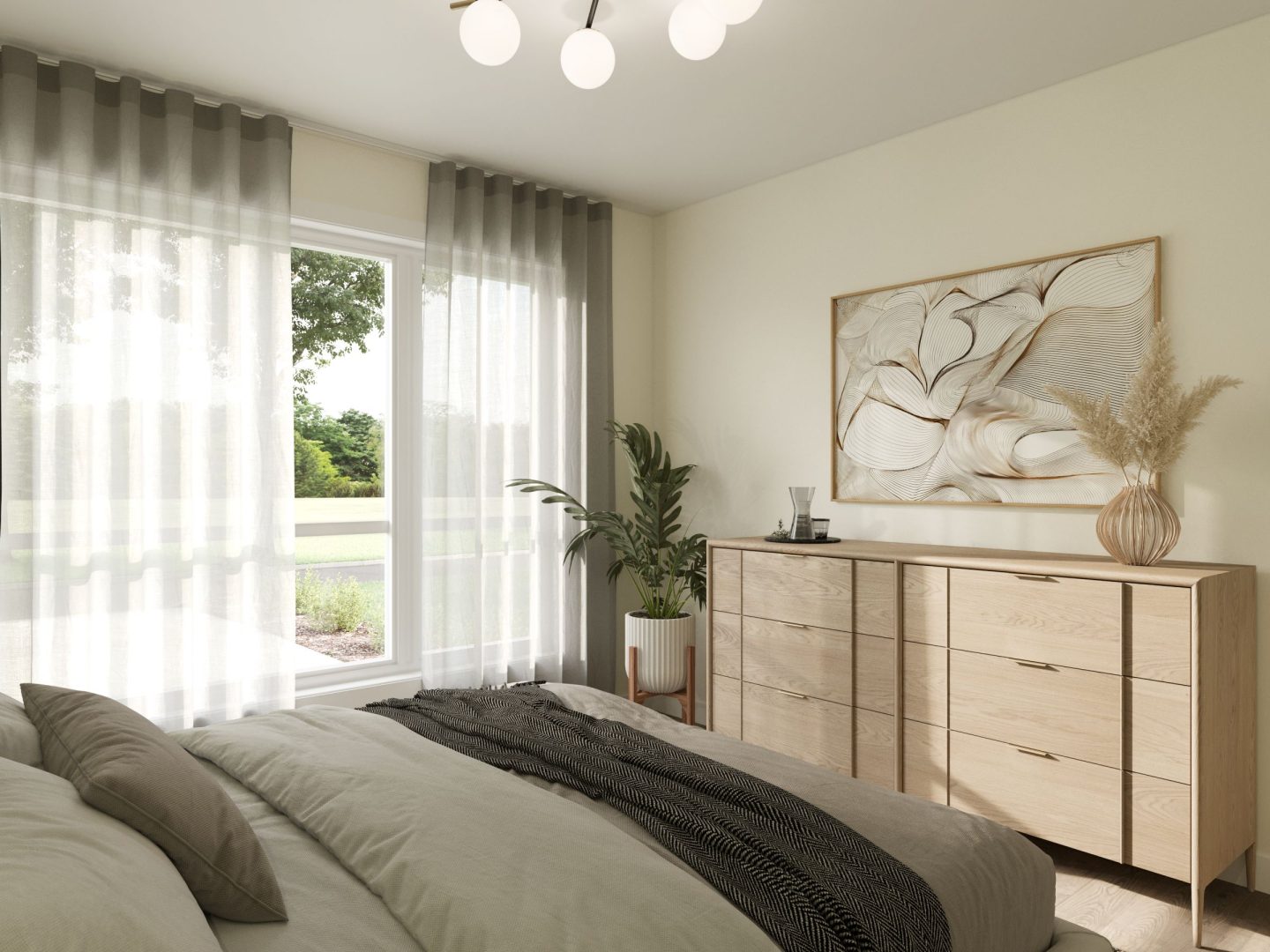 Le modèle St-Laurent est une maison de plain-pied de style Moderne contemporain. Vue de la chambre.