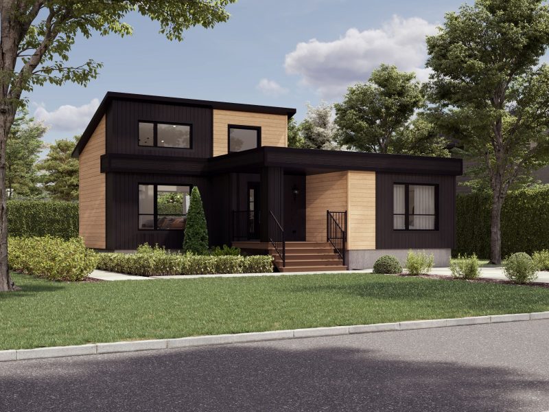 Le modèle St-Laurent est une maison de plain-pied de style Moderne contemporain. Vue de l'extérieur avant.