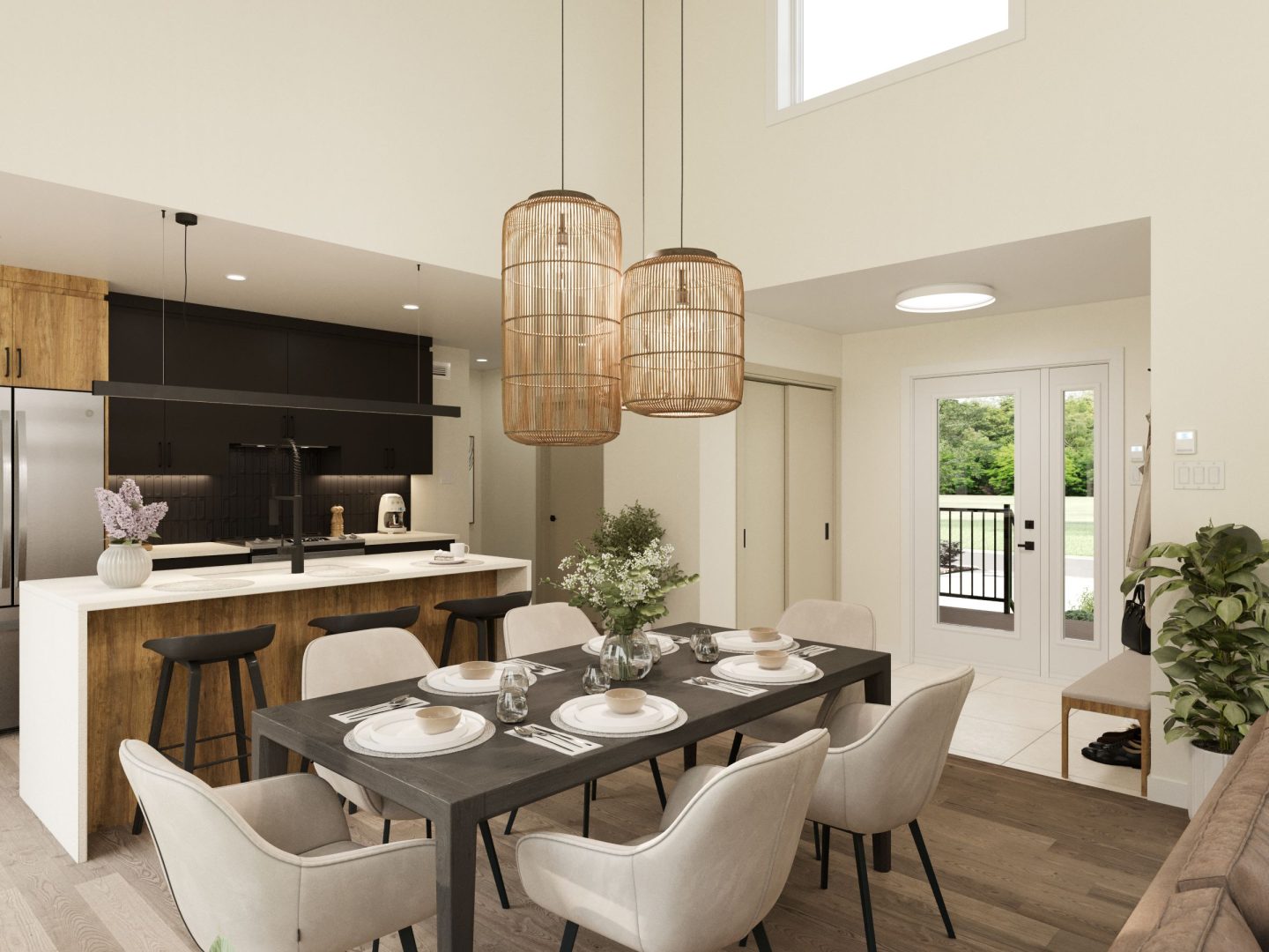 Le modèle St-Laurent est une maison de plain-pied de style Moderne contemporain. Vue de la salle à manger.