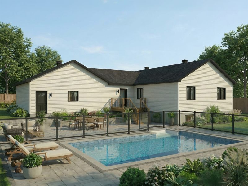Modèle Windsor est une maison plain-pied de style contemporain. Vue de l'extérieur arriere.