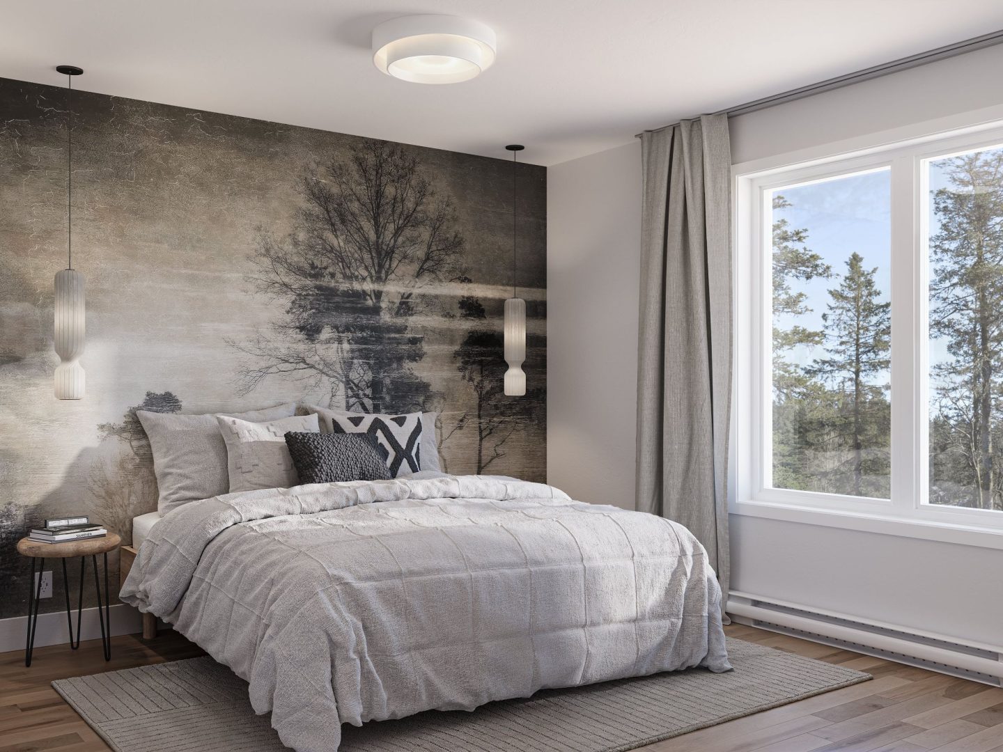 Le modèle Avesta est une maison de deux étages de style scandinave contemporain. Vue de la chambre.