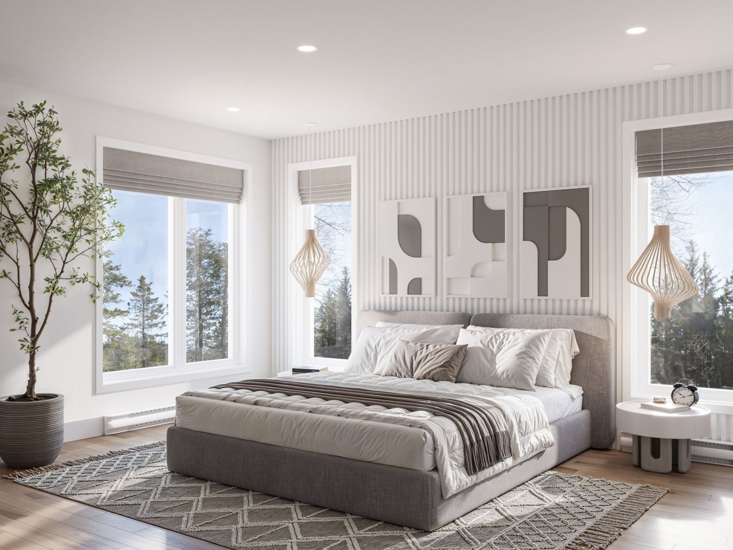Le modèle Avesta est une maison de deux étages de style scandinave contemporain. Vue de la chambre.