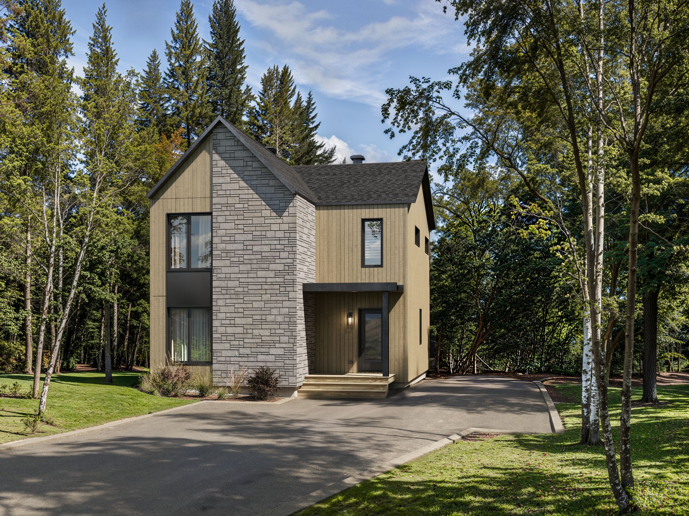 Le modèle Avesta est une maison de deux étages de style scandinave contemporain. Vue de l'extérieur.