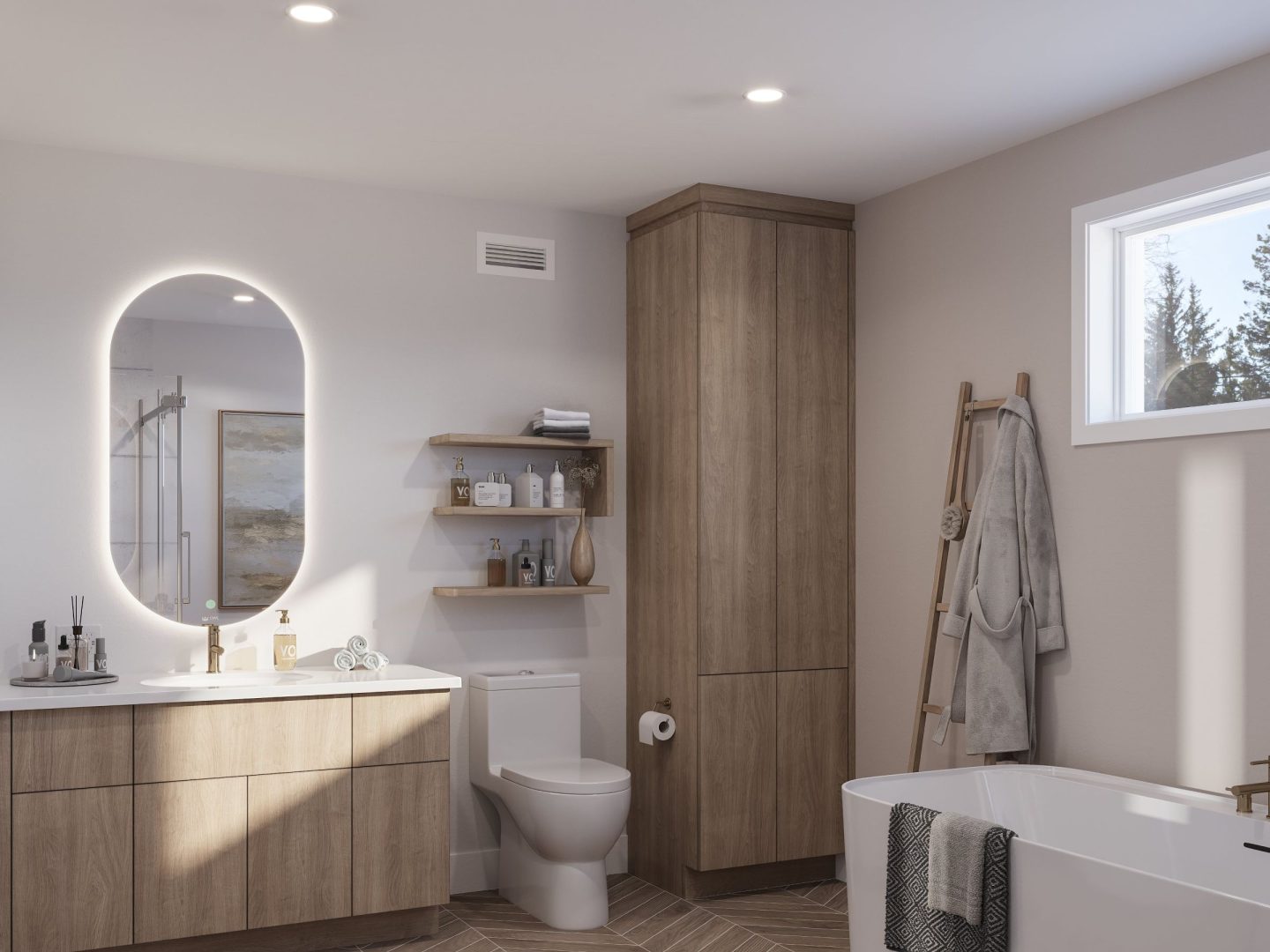 Le modèle Avesta est une maison de deux étages de style scandinave contemporain. Vue de la salle de bain.