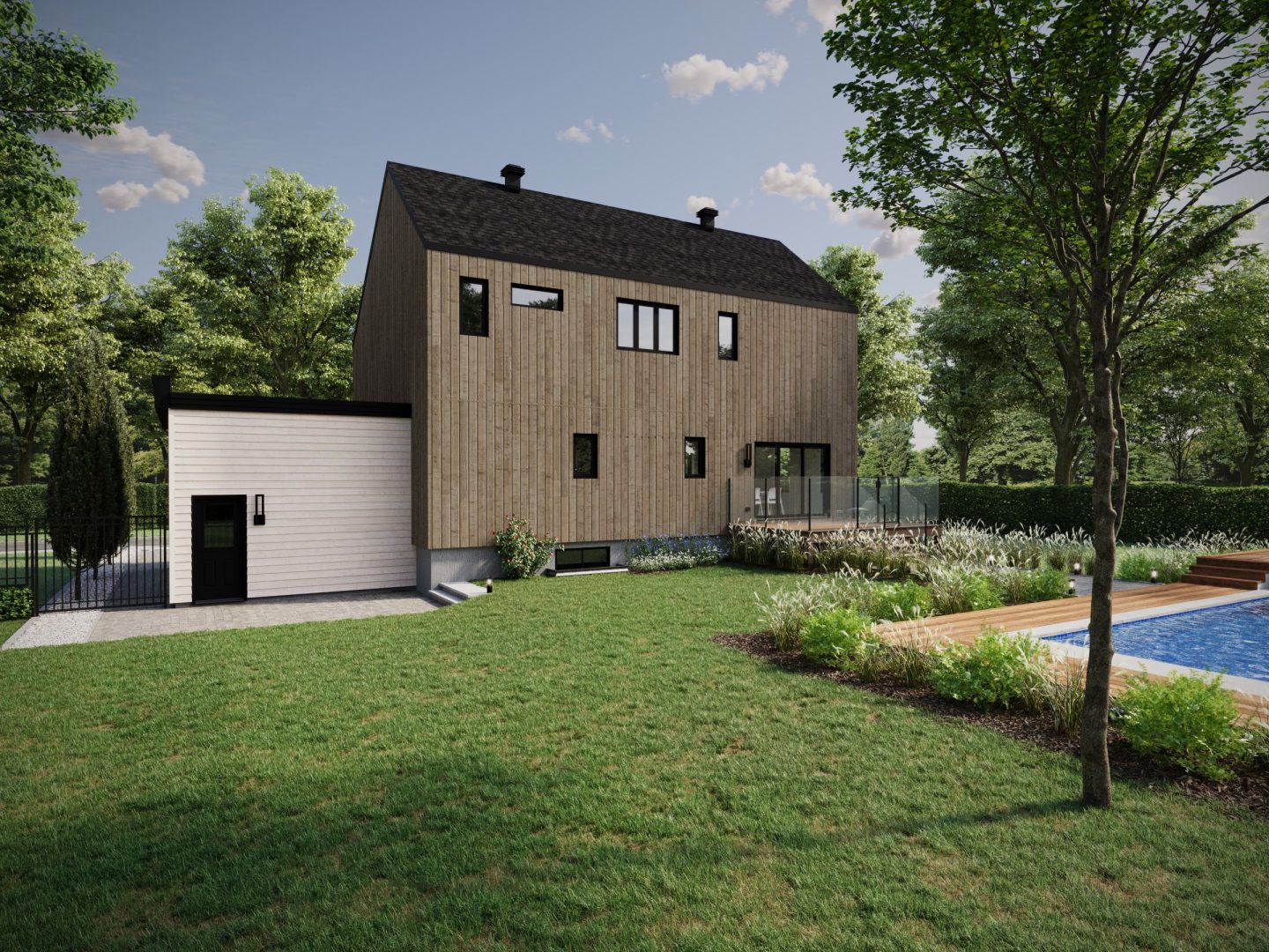 Le modèle Luvia est une maison deux étages de style scandinave moderne. Vue de l'extérieur arrière.