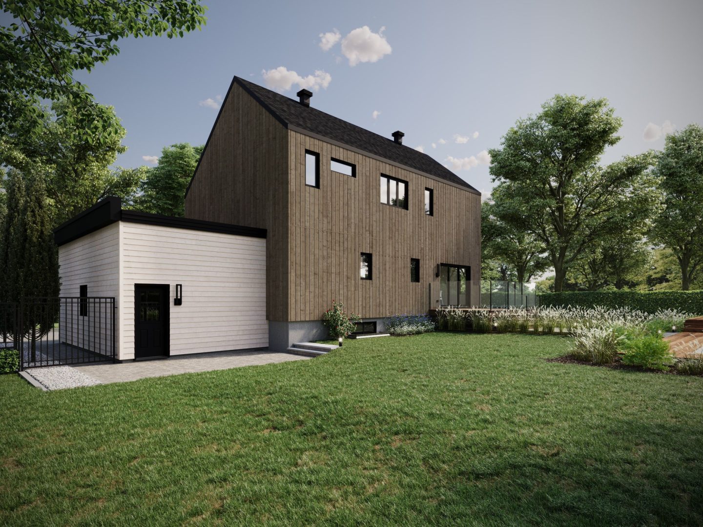 Le modèle Luvia est une maison de deux étages de style scandinave moderne. Vue de l'extérieur arrière.