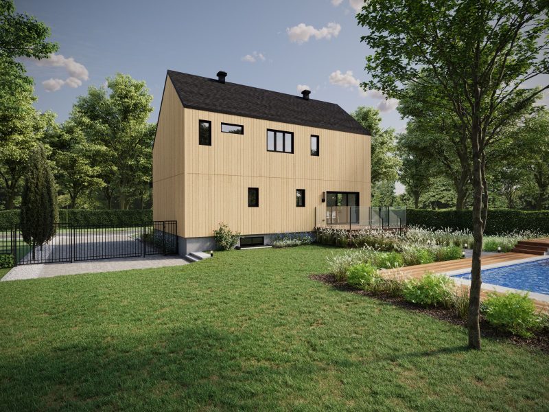 Le modèle Luvia est une maison de deux étages de style scandinave moderne. Vue de l'extérieur arrière.
