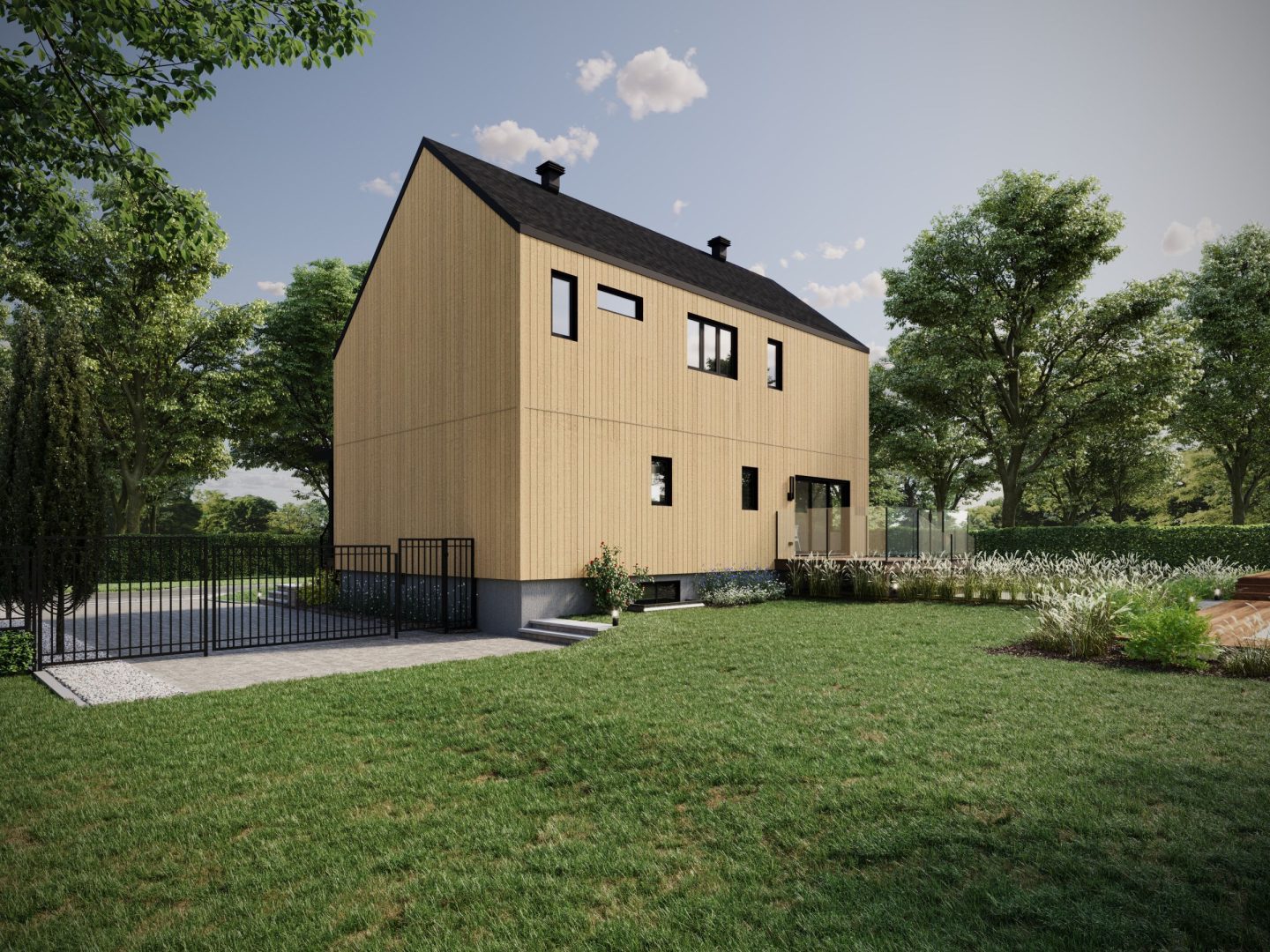 Le modèle Luvia est une maison de deux étages de style scandinave moderne. Vue de l'extérieur arrière.