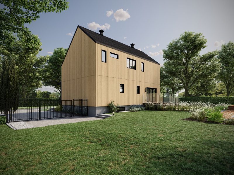 Le modèle Luvia est une maison de deux étages de style scandinave moderne. Vue de l'extérieur arrière.