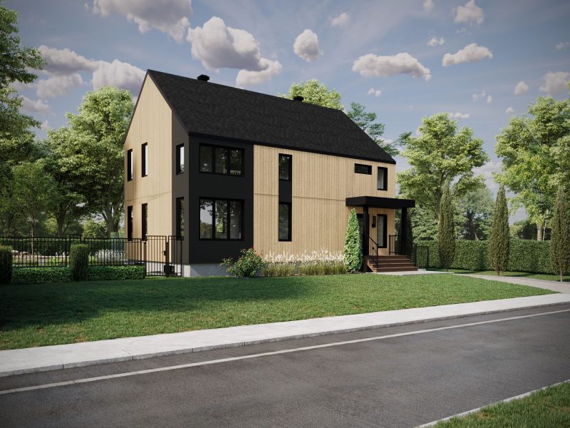 Le modèle Luvia est une maison de deux étages de style scandinave moderne. Vue de l'extérieur.