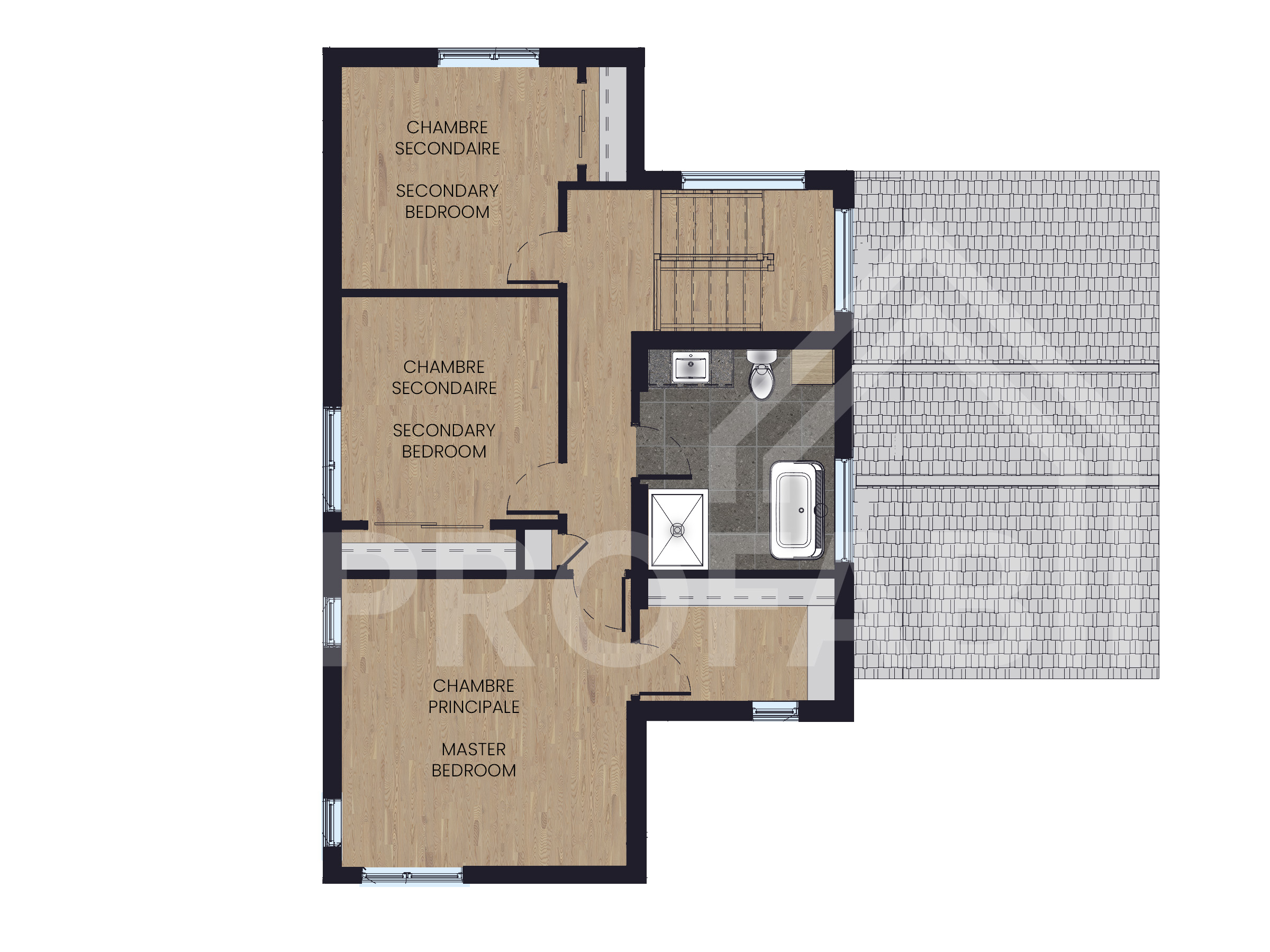 Le modèle Avesta est une maison de deux étages de style scandinave contemporain. Vue du plan 2D.