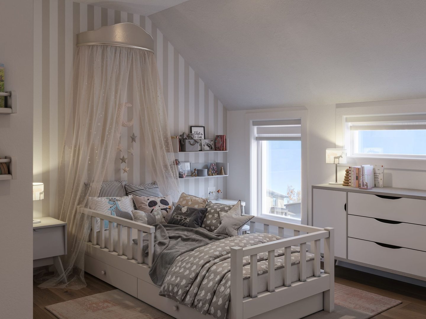 Le modèle Luvia est une maison de deux étages de style scandinave moderne. Vue de la chambre.