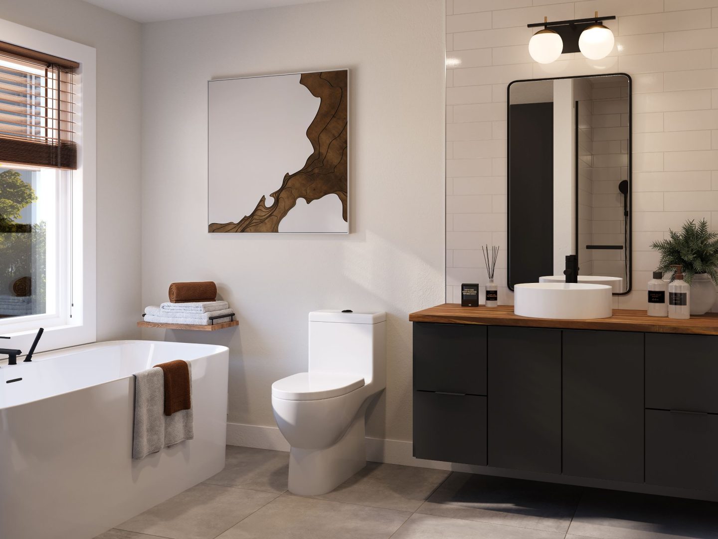 Le modèle Luxuraest une maison de deux étages de style comptemporain. Vue de la salle de bain.