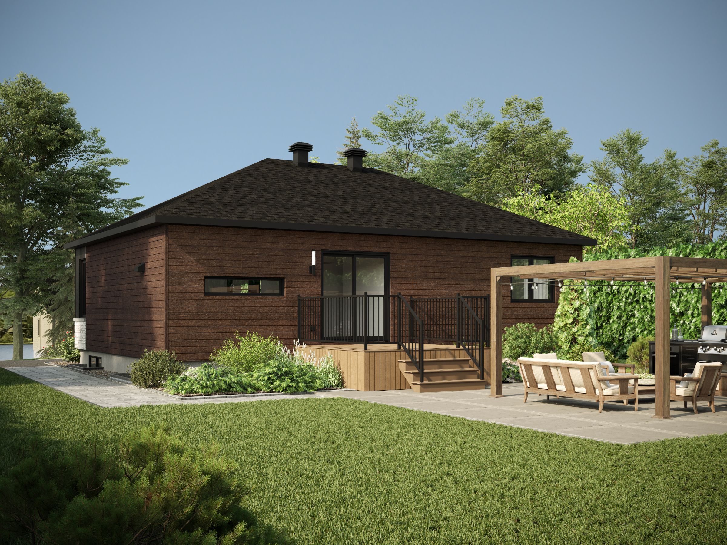Modèle Brockton, une maison de plain-pied de style contemporain. Vue de l'extérieur.