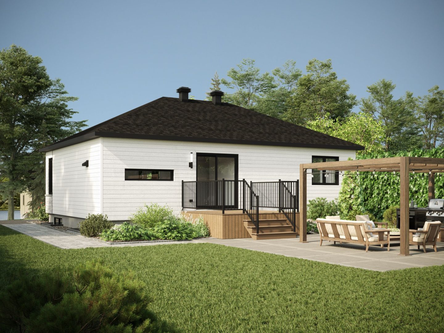 Modèle Brockton, une maison de plain-pied de style contemporain. Vue de l'extérieur.