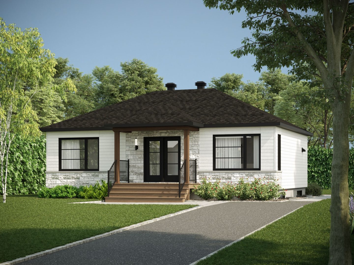 Modèle Brockton, une maison de plain-pied de style contemporain. Vue de l'avant.