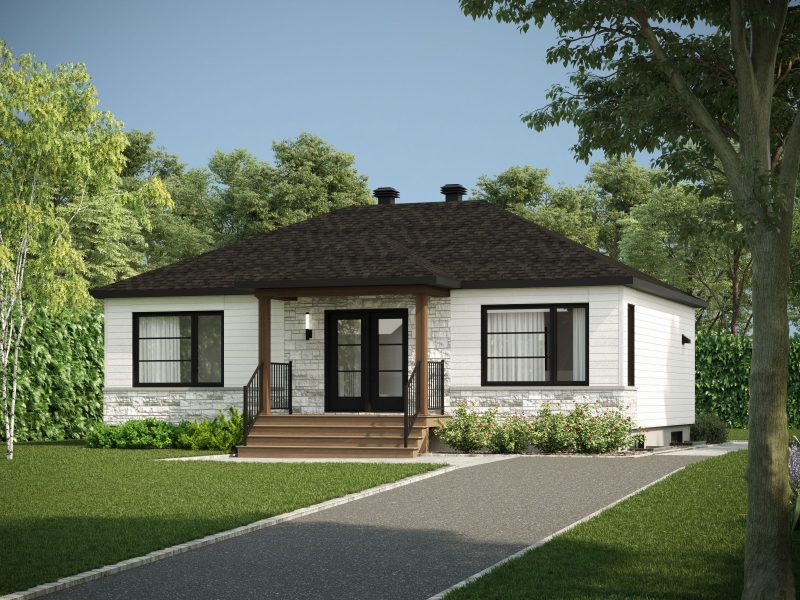 Modèle Brockton, une maison de plain-pied de style contemporain. Vue de l'avant.