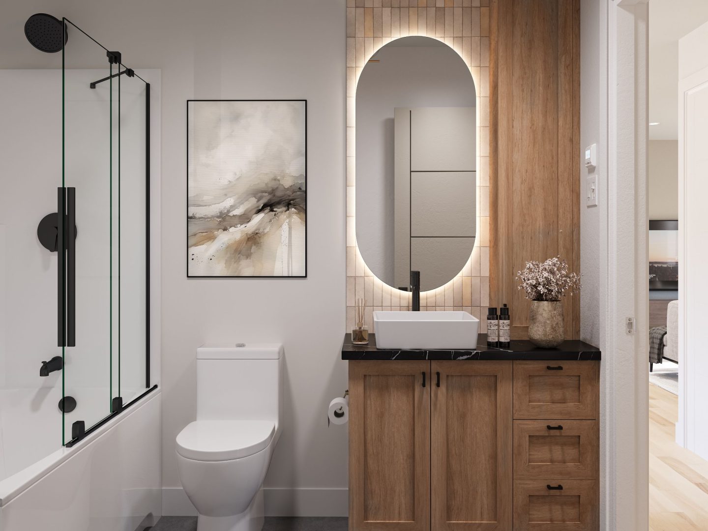 Modèle Brockton, une maison de plain-pied de style contemporain. Vue de la salle de bain.