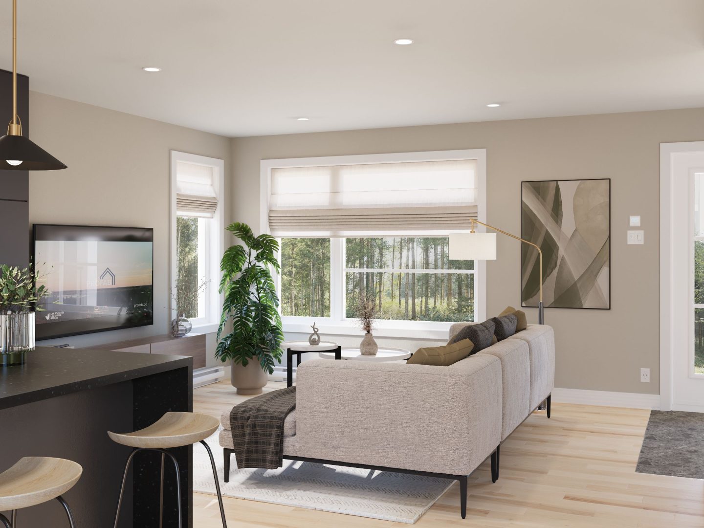 Modèle Brockton, une maison de plain-pied de style contemporain. Vue du salon.