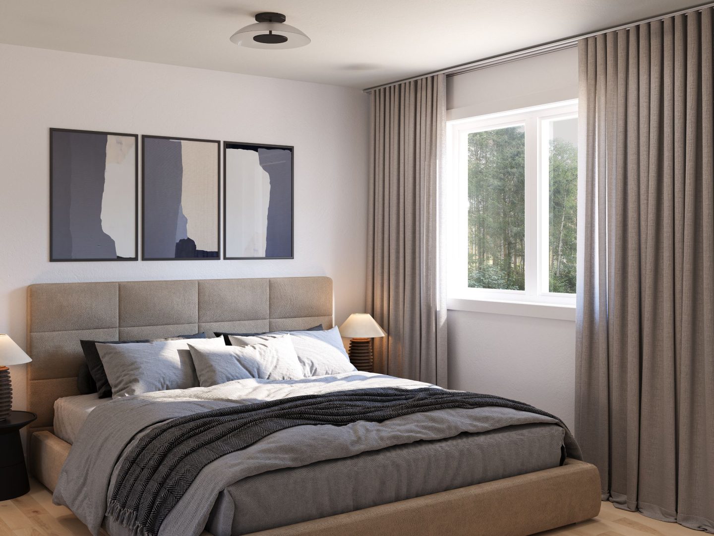 Modèle Brockton, une maison de plain-pied de style contemporain. Vue de la chambre.