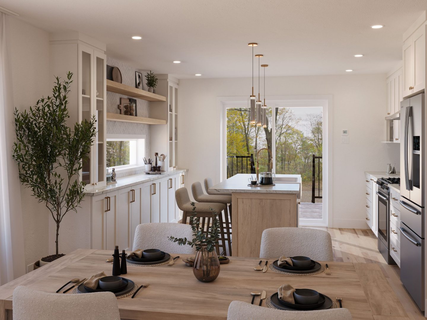Modèle Cappuccino, une maison à palier de style scandinave. Vue de la cuisine.