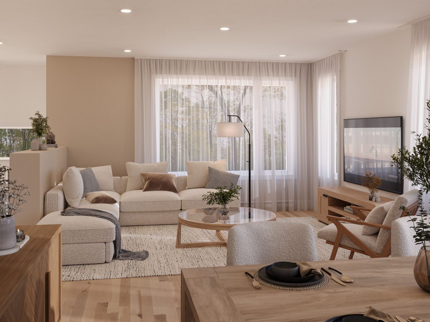 Modèle Cappuccino, une maison à palier de style scandinave. Vue du salon.