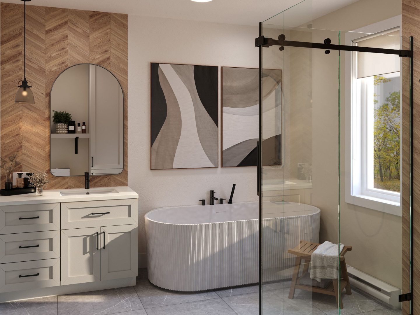 Modèle Cappuccino, une maison à palier de style scandinave. Vue de la salle de bain.