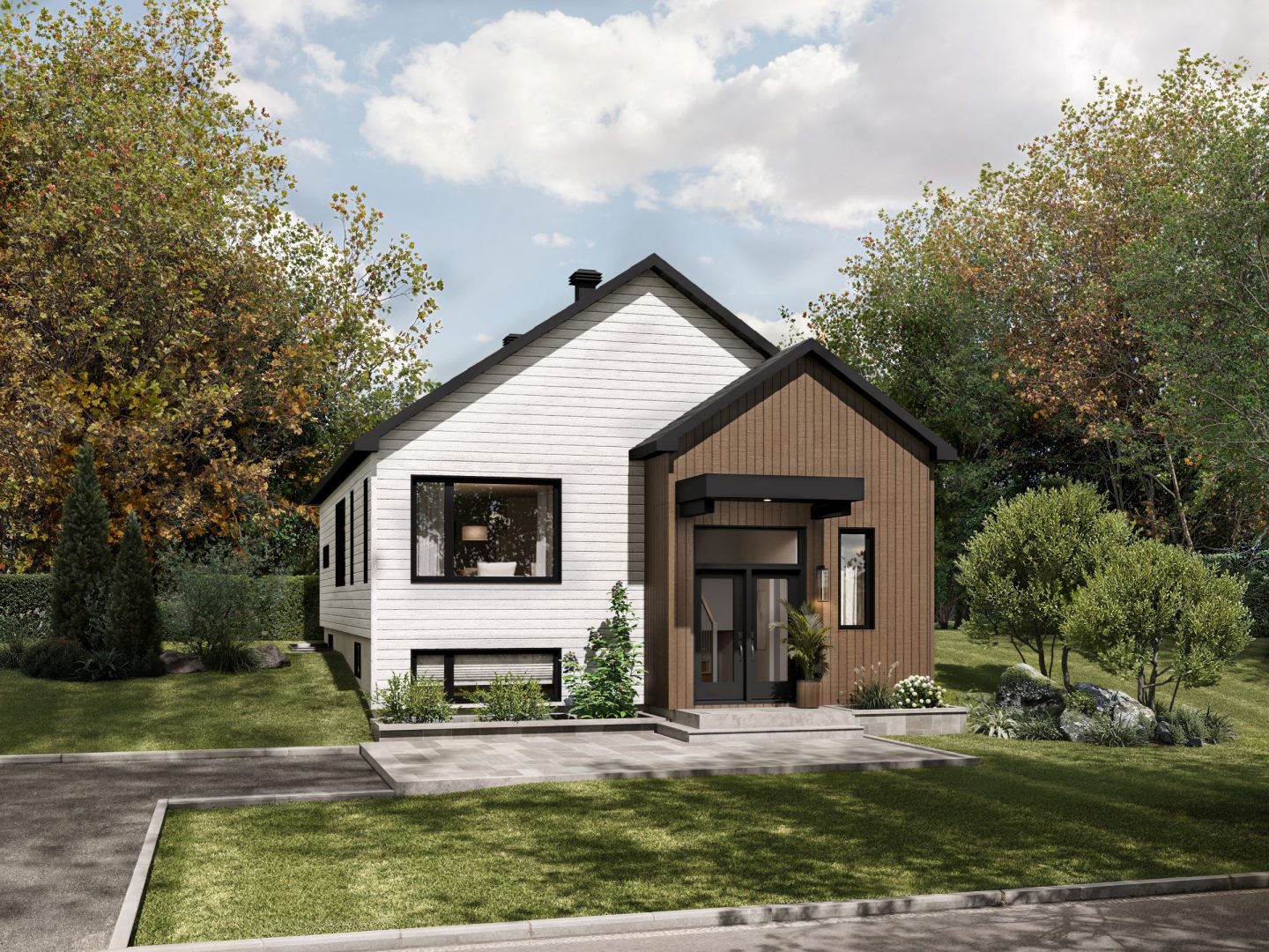 Modèle Cappuccino, une maison à palier de style scandinave. Vue de l'avant.