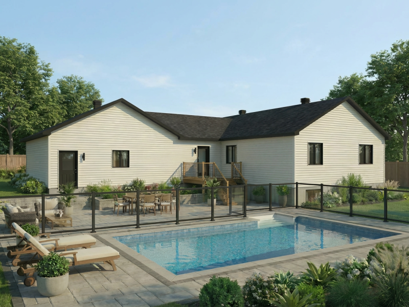 Modèle Windsor est une maison plain-pied de style contemporain. Vue de l'extérieur.
