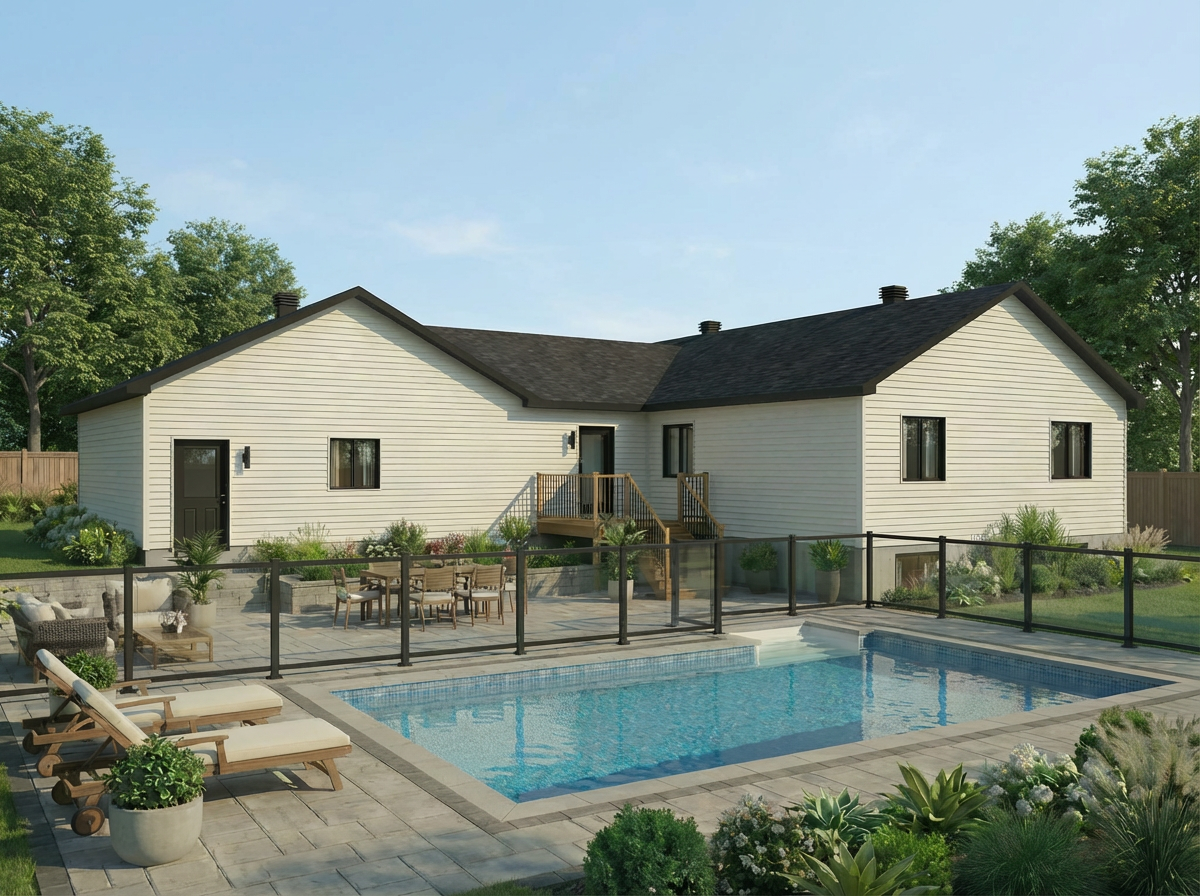 Modèle Windsor est une maison plain-pied de style contemporain. Vue de l'extérieur.